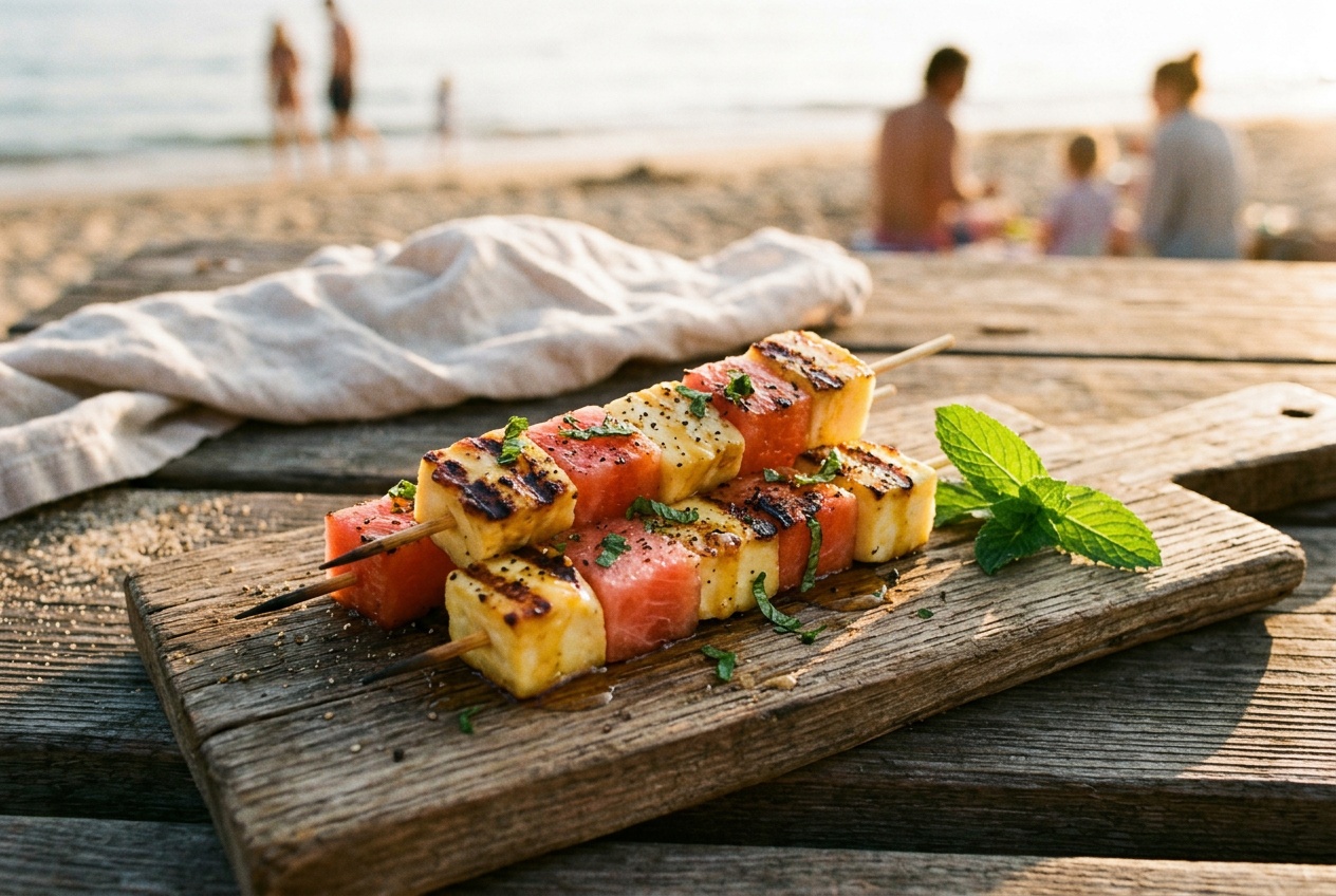 Grilled Watermelon Halloumi Skewers for Beach Nights
